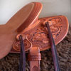 Cow Boss Gullet - 7 -1/2H by 6 - 1/4W by 4, Horn - 3 by 3 inch Round Horn, 94 degree Quarter Horse bars,7/8ths full in skirt riggin, 16 - 1/4 inch seat Cheyenne Roll - 1 - 3/4 inch and decorated with Valleys' Sheridan floral tooling pattern dallied by Valleys' Vaquero Lace border.